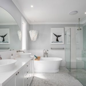 Modern bathroom design with elegant tiles and Grohe fittings